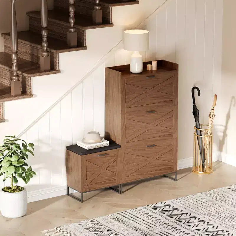 Bench with 4 flip-up drawers and padded seat cushion, Wooden narrow shoe storage rack, Suitable for living room entryway bench