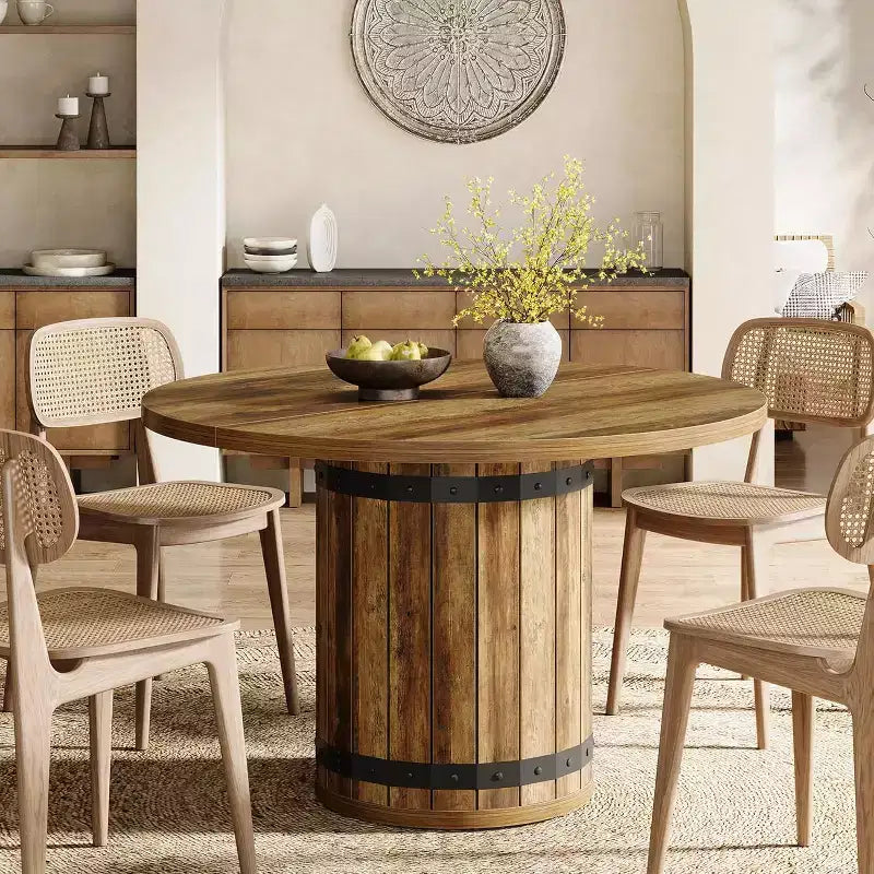Lantine Round Dining Table for 4 People, 39.37 Dinner Table with Fence Pedestal Base, Farmhouse Kitchen Table for Dining Room, Living Room