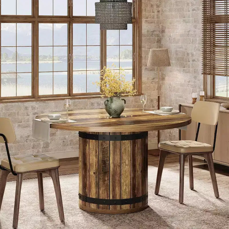 Lantine Round Dining Table for 4 People, 39.37 Dinner Table with Fence Pedestal Base, Farmhouse Kitchen Table for Dining Room, Living Room