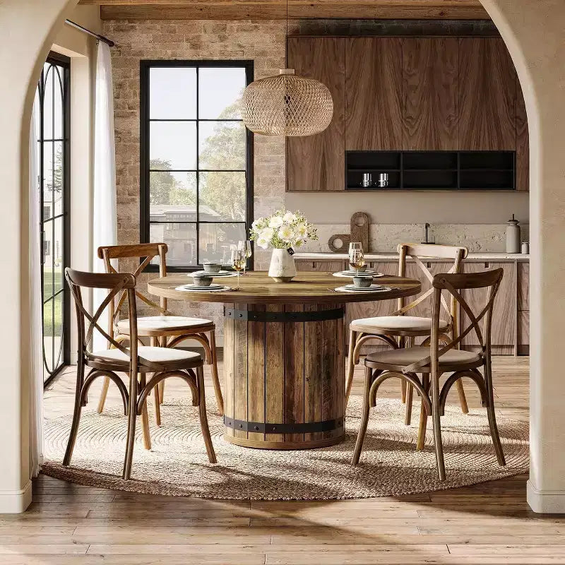 Lantine Round Dining Table for 4 People, 39.37 Dinner Table with Fence Pedestal Base, Farmhouse Kitchen Table for Dining Room, Living Room