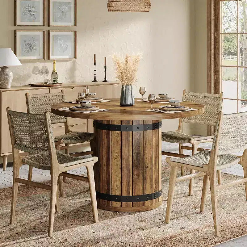 Lantine Round Dining Table for 4 People, 39.37 Dinner Table with Fence Pedestal Base, Farmhouse Kitchen Table for Dining Room, Living Room