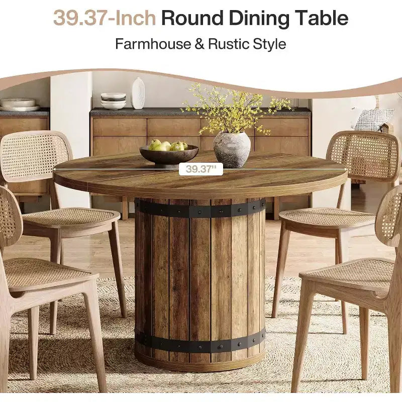Lantine Round Dining Table for 4 People, 39.37 Dinner Table with Fence Pedestal Base, Farmhouse Kitchen Table for Dining Room, Living Room