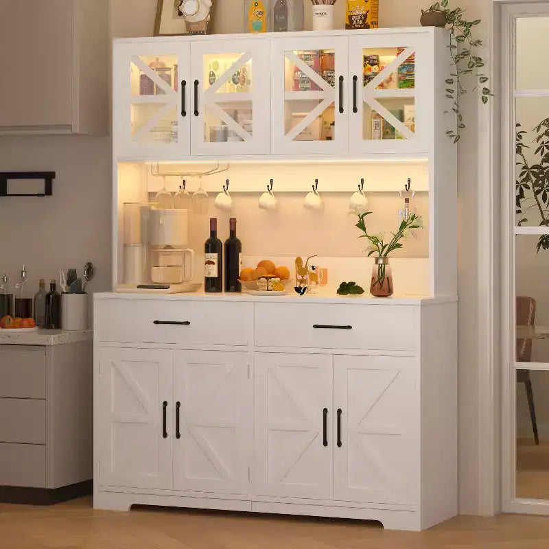 Dyonery 71 LED Kitchen Pantry Cabinet with Power Outlet,Large Kitchen Storage Cabinet with Acrylic Door & Shelves & 2 Drawers,Tall Modern Coffee Bar