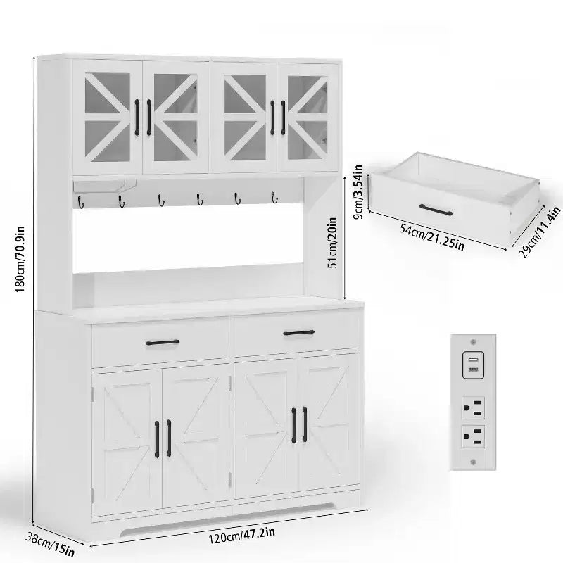 Dyonery 71 LED Kitchen Pantry Cabinet with Power Outlet,Large Kitchen Storage Cabinet with Acrylic Door & Shelves & 2 Drawers,Tall Modern Coffee Bar