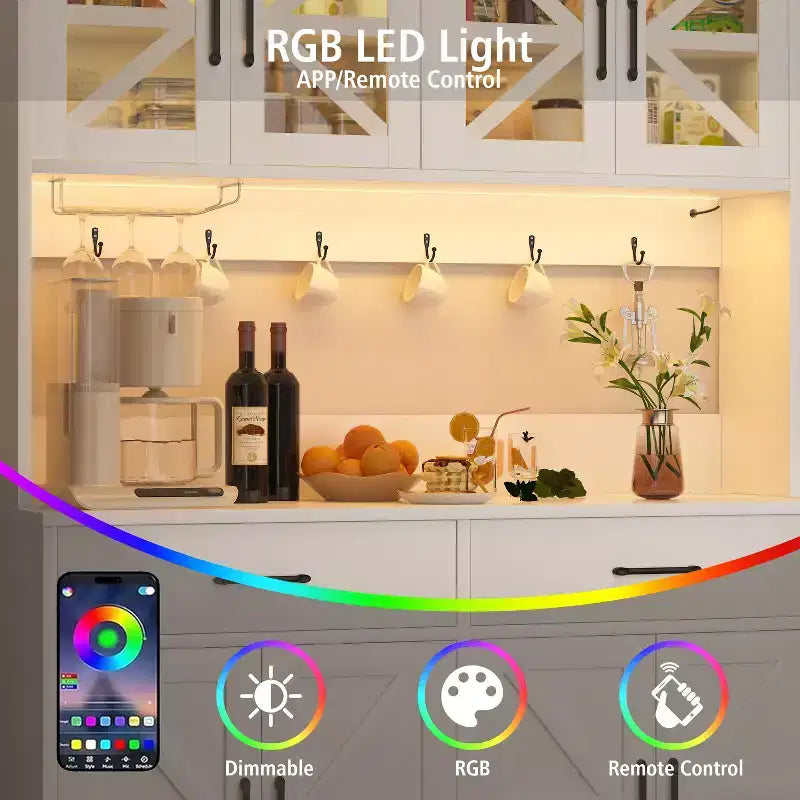 Dyonery 71 LED Kitchen Pantry Cabinet with Power Outlet,Large Kitchen Storage Cabinet with Acrylic Door & Shelves & 2 Drawers,Tall Modern Coffee Bar