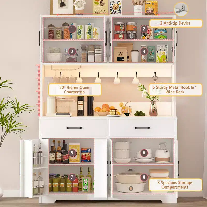 Dyonery 71 LED Kitchen Pantry Cabinet with Power Outlet,Large Kitchen Storage Cabinet with Acrylic Door & Shelves & 2 Drawers,Tall Modern Coffee Bar