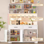 Dyonery 71 LED Kitchen Pantry Cabinet with Power Outlet,Large Kitchen Storage Cabinet with Acrylic Door & Shelves & 2 Drawers,Tall Modern Coffee Bar