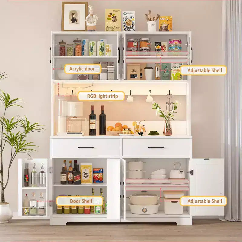 Dyonery 71 LED Kitchen Pantry Cabinet with Power Outlet,Large Kitchen Storage Cabinet with Acrylic Door & Shelves & 2 Drawers,Tall Modern Coffee Bar