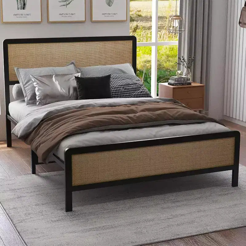 Metal Platform Bed Frame with Rattan Headboard and Footboard, Quiet, Sturdy Slats, Under-Bed Storage, Child and Pet Safe, No Box Spring Required