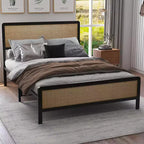 Metal Platform Bed Frame with Rattan Headboard and Footboard, Quiet, Sturdy Slats, Under-Bed Storage, Child and Pet Safe, No Box Spring Required