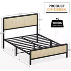 Metal Platform Bed Frame with Rattan Headboard and Footboard, Quiet, Sturdy Slats, Under-Bed Storage, Child and Pet Safe, No Box Spring Required