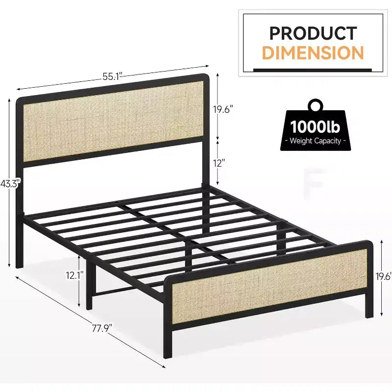 Metal Platform Bed Frame with Rattan Headboard and Footboard, Quiet, Sturdy Slats, Under-Bed Storage, Child and Pet Safe, No Box Spring Required