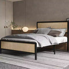 Metal Platform Bed Frame with Rattan Headboard and Footboard, Quiet, Sturdy Slats, Under-Bed Storage, Child and Pet Safe, No Box Spring Required
