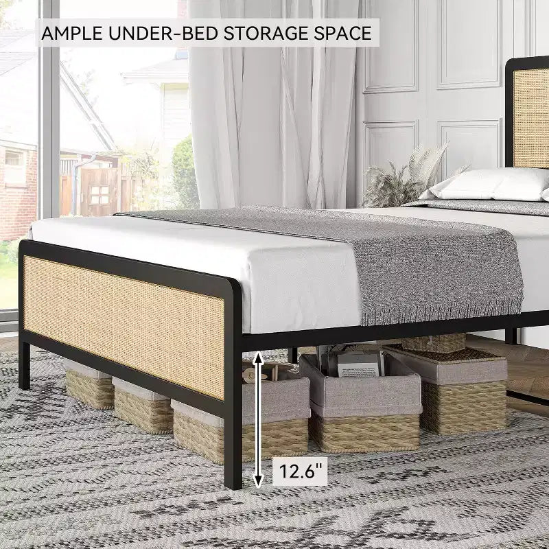 Metal Platform Bed Frame with Rattan Headboard and Footboard, Quiet, Sturdy Slats, Under-Bed Storage, Child and Pet Safe, No Box Spring Required