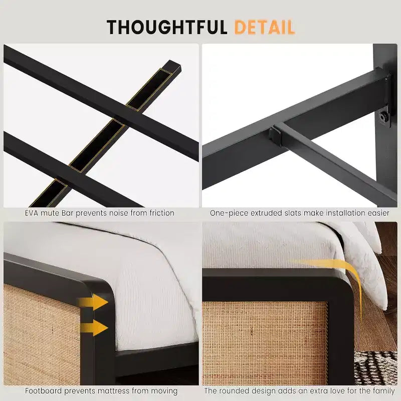 Metal Platform Bed Frame with Rattan Headboard and Footboard, Quiet, Sturdy Slats, Under-Bed Storage, Child and Pet Safe, No Box Spring Required