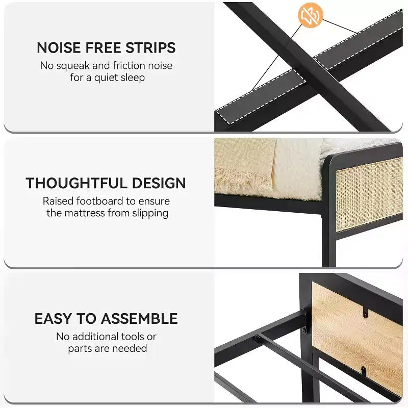 Metal Platform Bed Frame with Rattan Headboard and Footboard, Quiet, Sturdy Slats, Under-Bed Storage, Child and Pet Safe, No Box Spring Required