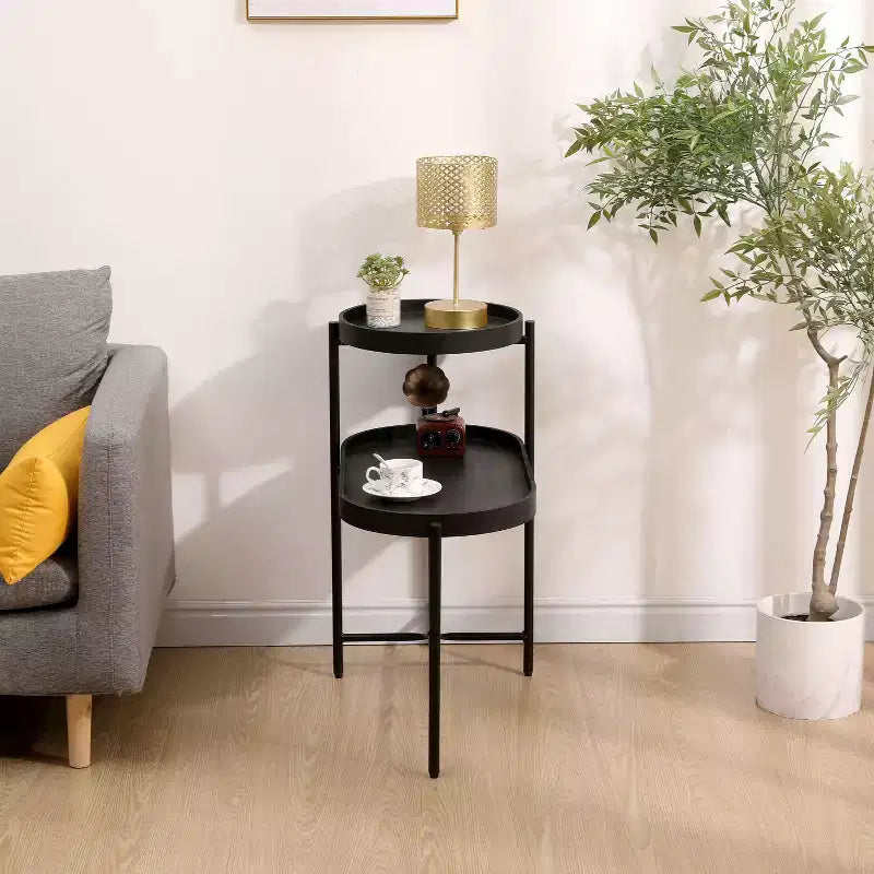 Okak Modern 2-Tier End Table with Storage Shelves, Side Table with Metal Frame, Accent Table for Living Room, Sofa Side, Bedroom, Black