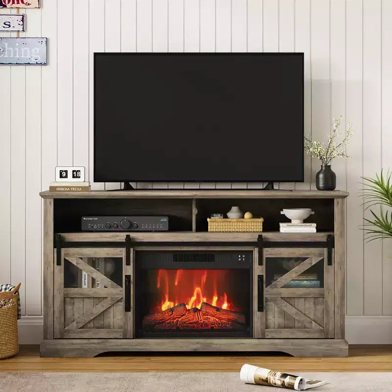 Console Table with Sliding Doors ,Fireplace TV Stand for 65 Inch TVEntertainment Center with Storage Cabinets,for Living Room