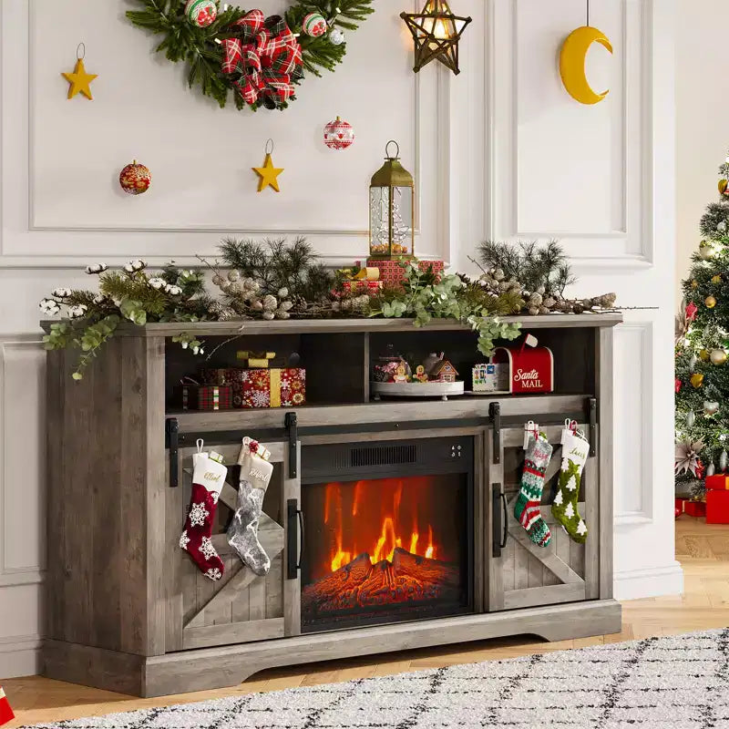 Console Table with Sliding Doors ,Fireplace TV Stand for 65 Inch TVEntertainment Center with Storage Cabinets,for Living Room
