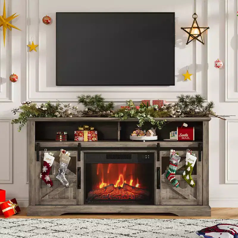 Console Table with Sliding Doors ,Fireplace TV Stand for 65 Inch TVEntertainment Center with Storage Cabinets,for Living Room