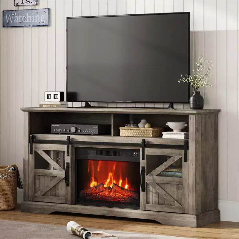 Console Table with Sliding Doors ,Fireplace TV Stand for 65 Inch TVEntertainment Center with Storage Cabinets,for Living Room