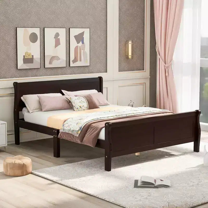 Wood Platform Bed, Wood Bed Frame with Headboard and Footboard for Bedroom