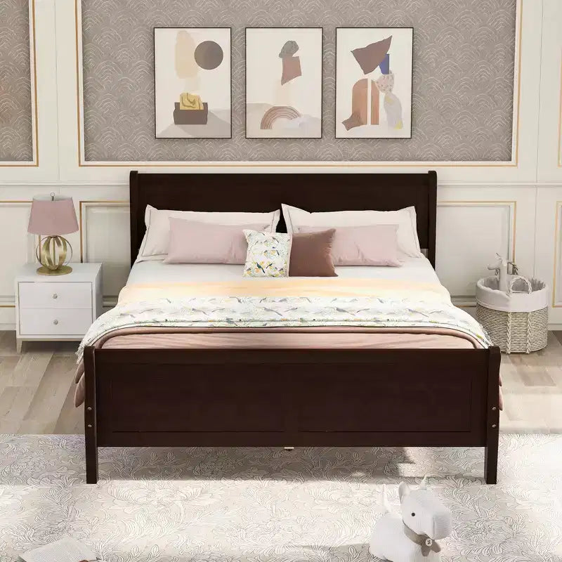 Wood Platform Bed, Wood Bed Frame with Headboard and Footboard for Bedroom