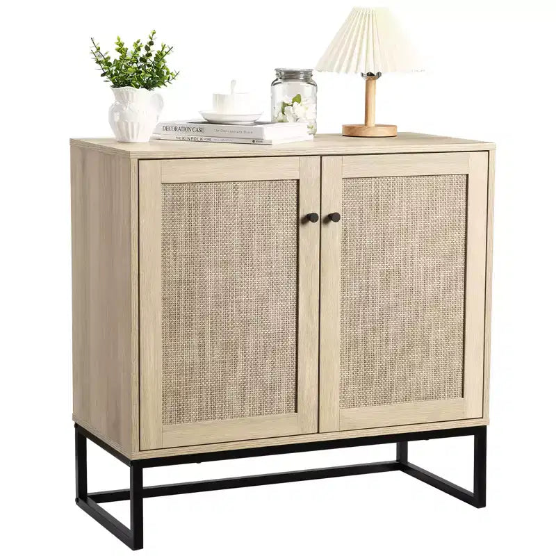 2-Door Rattan Storage Cabinet, Multi-Functional Kitchen Cupboard for Living Room, Hallway, Entryway,