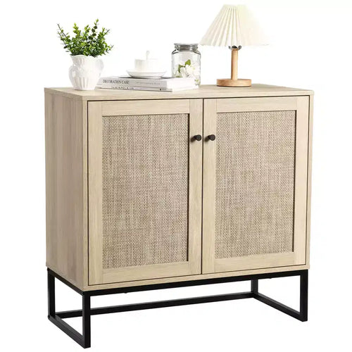 2-Door Rattan Storage Cabinet, Multi-Functional Kitchen Cupboard for Living Room, Hallway, Entryway,