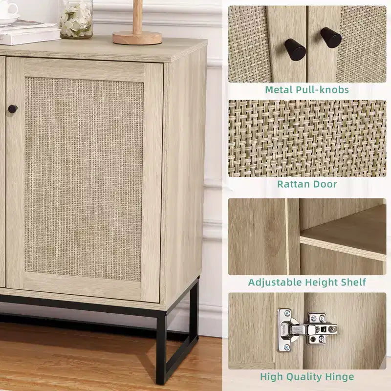 2-Door Rattan Storage Cabinet, Multi-Functional Kitchen Cupboard for Living Room, Hallway, Entryway,