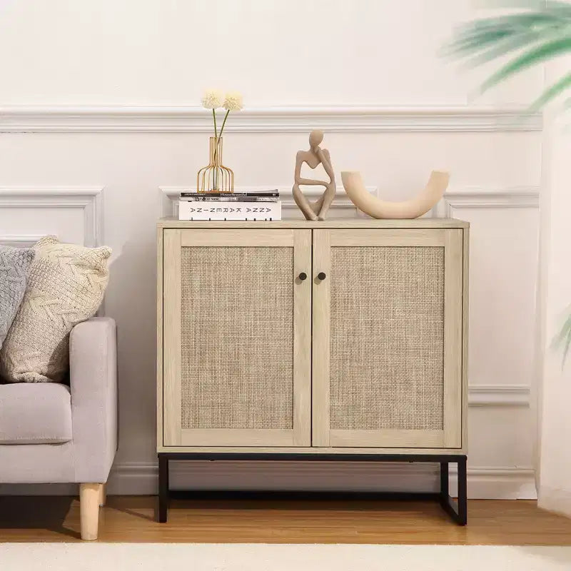 2-Door Rattan Storage Cabinet, Multi-Functional Kitchen Cupboard for Living Room, Hallway, Entryway,