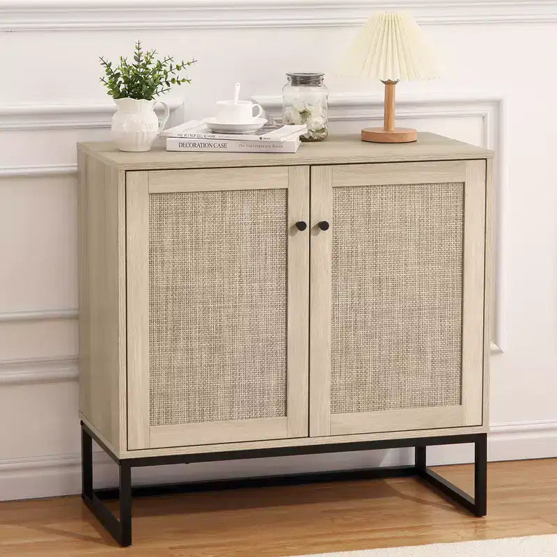 2-Door Rattan Storage Cabinet, Multi-Functional Kitchen Cupboard for Living Room, Hallway, Entryway,
