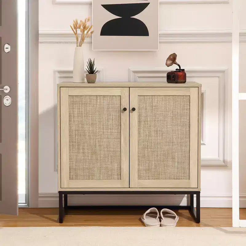 2-Door Rattan Storage Cabinet, Multi-Functional Kitchen Cupboard for Living Room, Hallway, Entryway,
