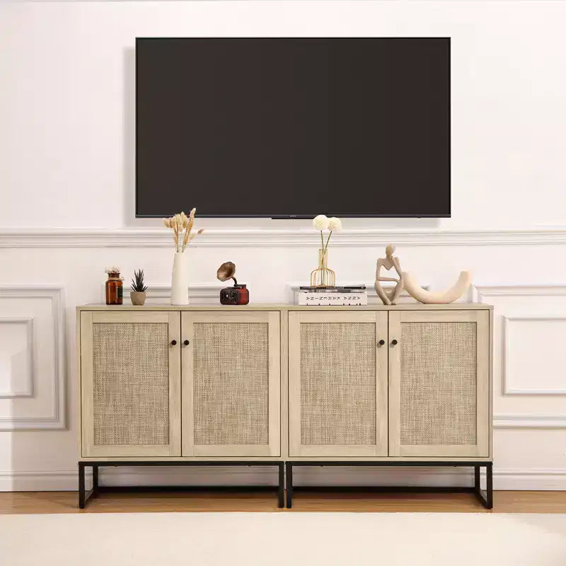 2-Door Rattan Storage Cabinet, Multi-Functional Kitchen Cupboard for Living Room, Hallway, Entryway,