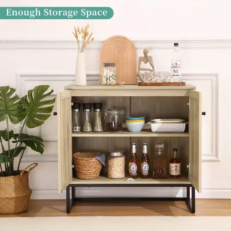 2-Door Rattan Storage Cabinet, Multi-Functional Kitchen Cupboard for Living Room, Hallway, Entryway,