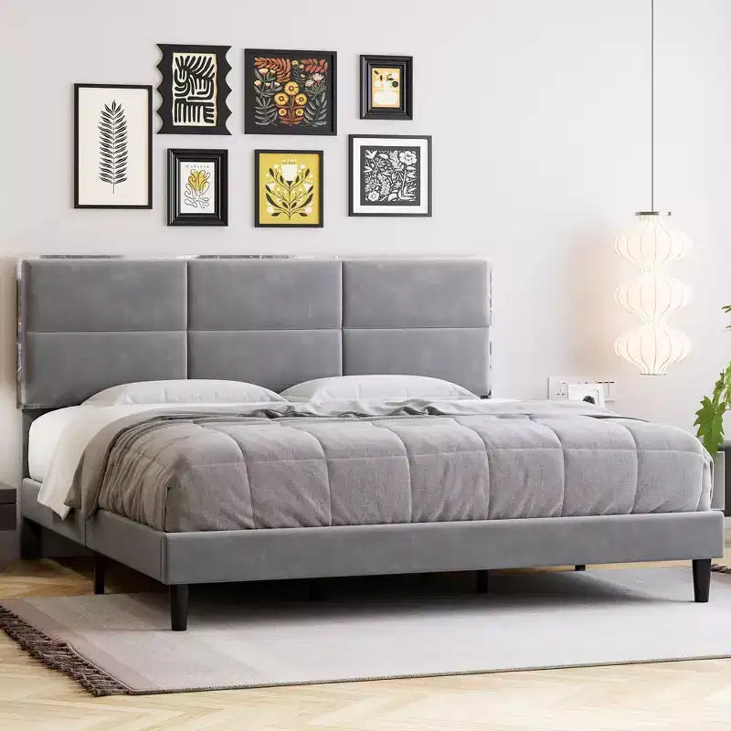 King Bed Frame with Velvet Headboard, Upholstered Platform Base & 1000 lbs Support