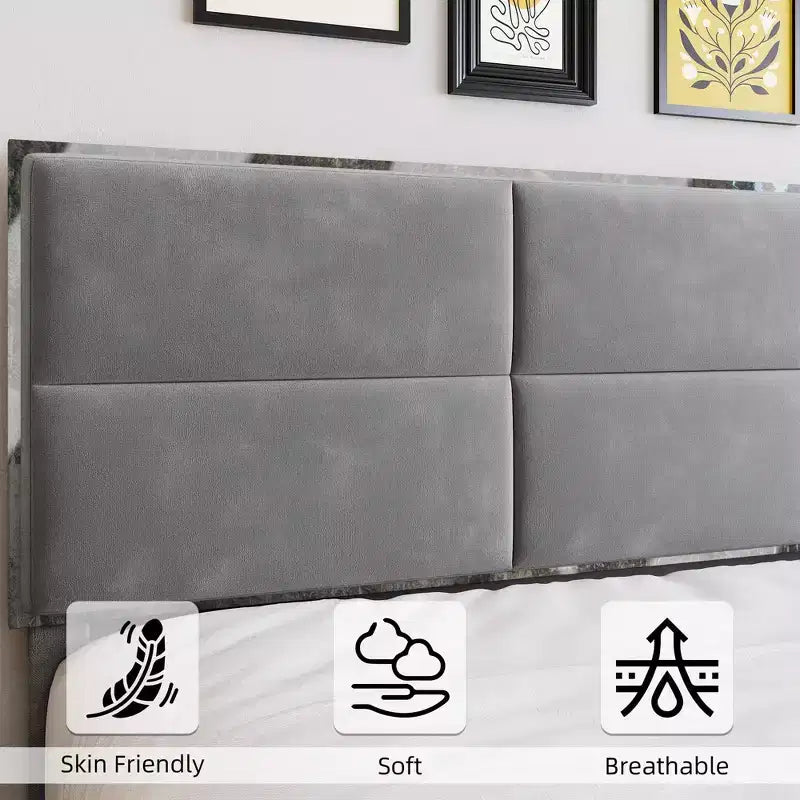 King Bed Frame with Velvet Headboard, Upholstered Platform Base & 1000 lbs Support