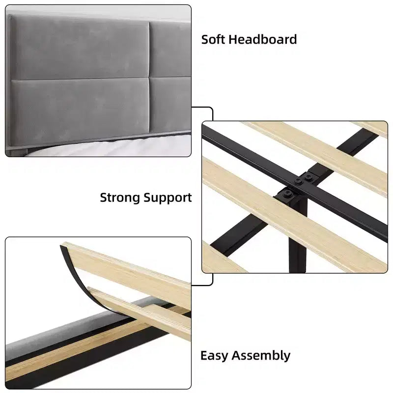 King Bed Frame with Velvet Headboard, Upholstered Platform Base & 1000 lbs Support