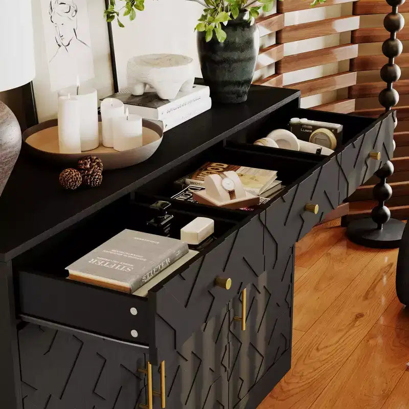 Famapy Black Storage Cabinet Buffet Chest with Gold Accents and Geometric Design Shoe Cabinet