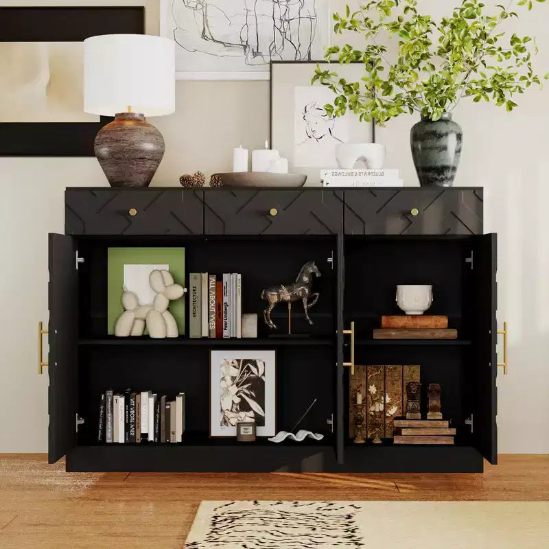 Famapy Black Storage Cabinet Buffet Chest with Gold Accents and Geometric Design Shoe Cabinet