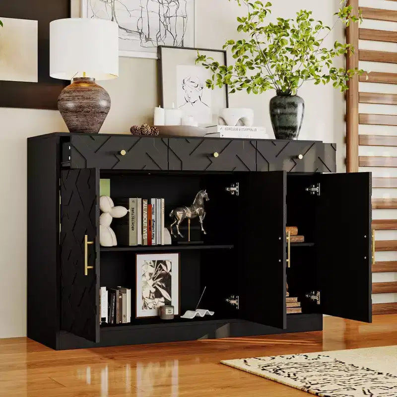 Famapy Black Storage Cabinet Buffet Chest with Gold Accents and Geometric Design Shoe Cabinet