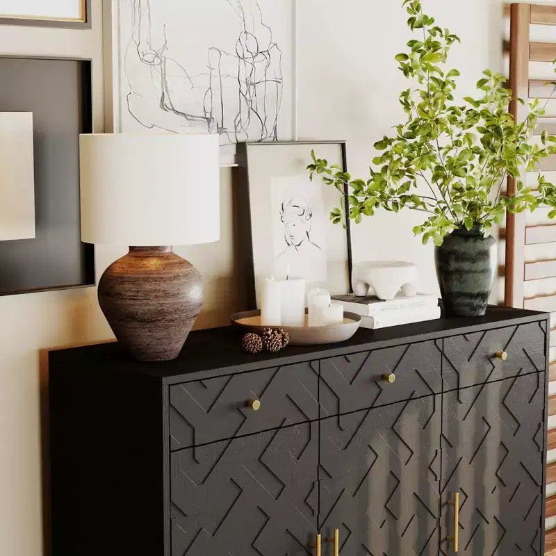 Famapy Black Storage Cabinet Buffet Chest with Gold Accents and Geometric Design Shoe Cabinet