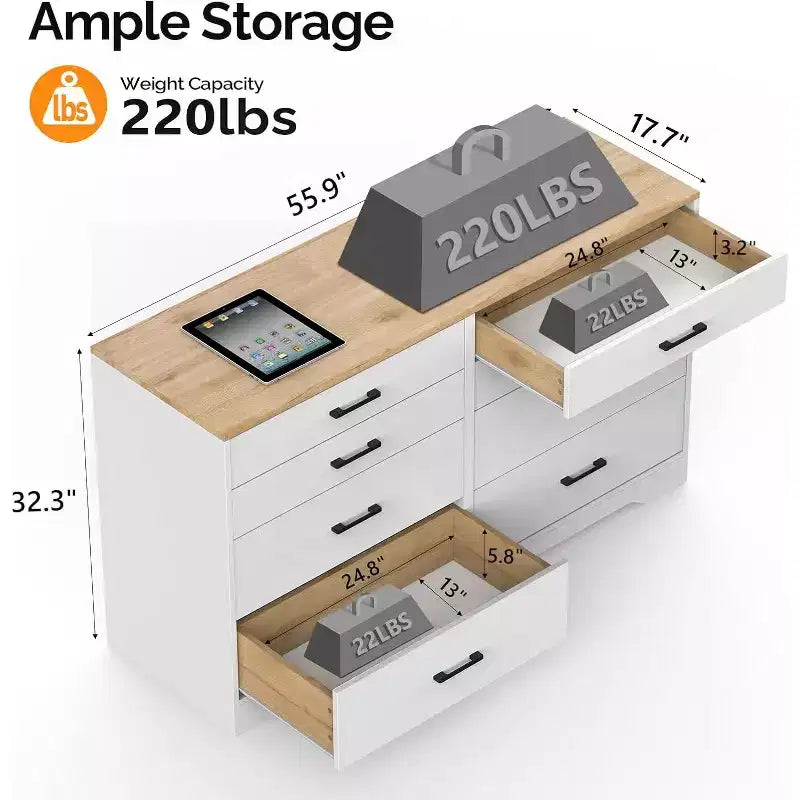 VINGLI 8 Drawer Dresser 56 Long Dresser White, Wood Dresser for Bedroom, Wood Dresser