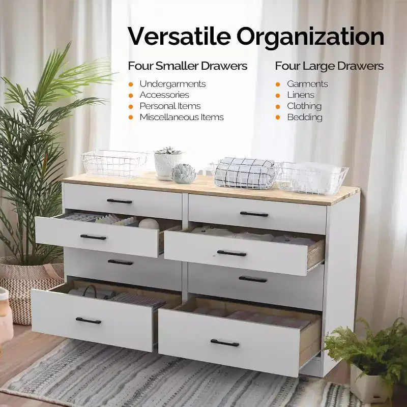 VINGLI 8 Drawer Dresser 56 Long Dresser White, Wood Dresser for Bedroom, Wood Dresser