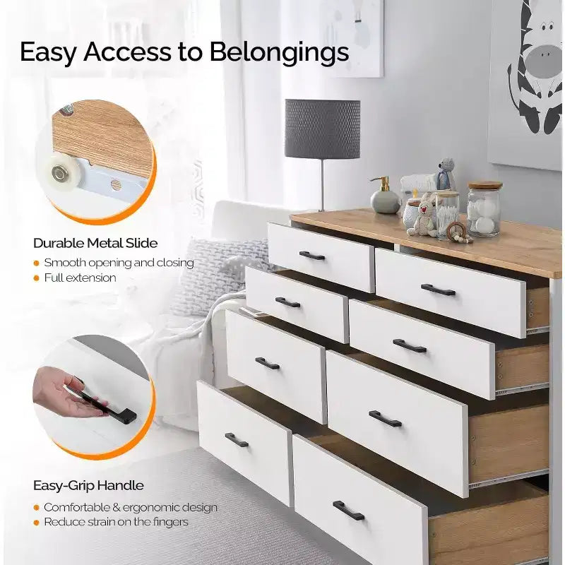 VINGLI 8 Drawer Dresser 56 Long Dresser White, Wood Dresser for Bedroom, Wood Dresser