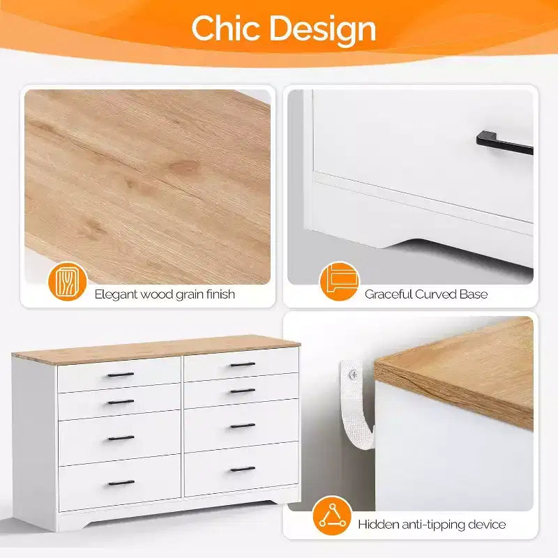 VINGLI 8 Drawer Dresser 56 Long Dresser White, Wood Dresser for Bedroom, Wood Dresser