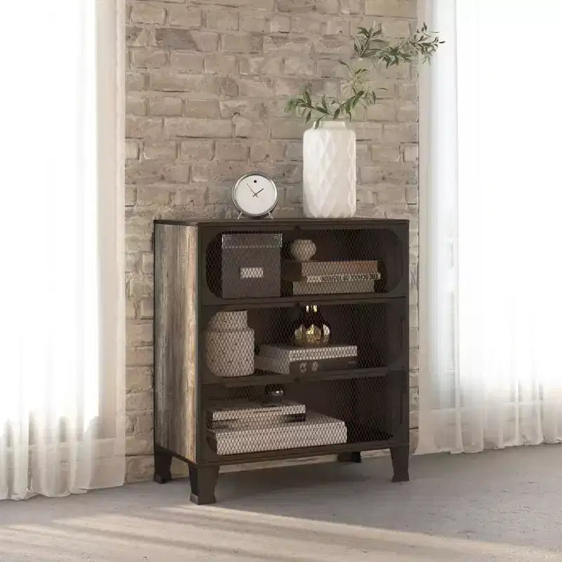 CLIHOME 3-Tier Mesh Storage Cabinet Industrial Style MDF Metal Utility Compact Cabinet