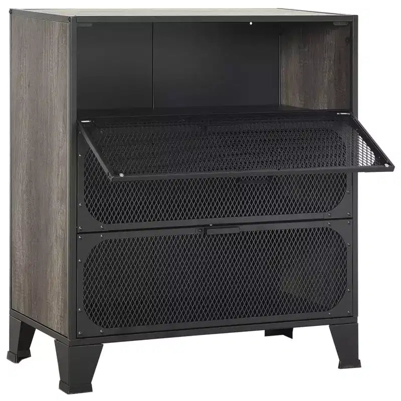 CLIHOME 3-Tier Mesh Storage Cabinet Industrial Style MDF Metal Utility Compact Cabinet