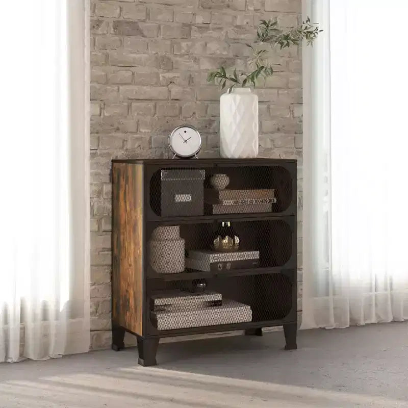 CLIHOME 3-Tier Mesh Storage Cabinet Industrial Style MDF Metal Utility Compact Cabinet