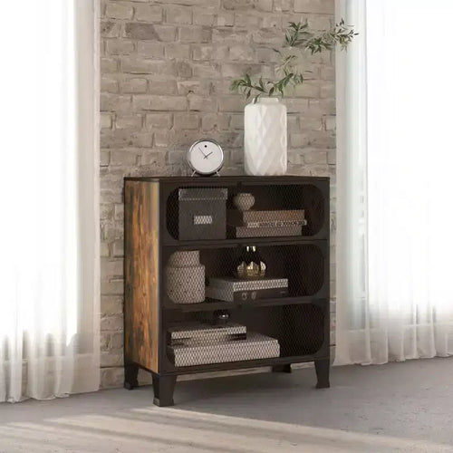 CLIHOME 3-Tier Mesh Storage Cabinet Industrial Style MDF Metal Utility Compact Cabinet
